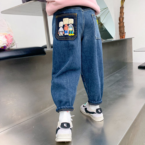 女童加绒牛仔裤i秋冬款2023新款洋派儿童冬装加厚裤子小女孩休闲