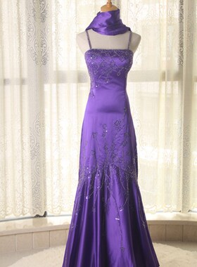 D042紫色鱼尾漏背晚礼服w裙宴会钉珠长款新娘结婚敬酒服绸缎1