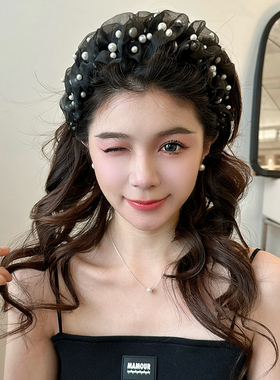 高级感赫本风精致黑色珍珠宽边发卡发箍女2L024新款压发气质头箍