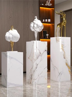 别墅酒店艺c术软装饰拐角花架入户大摆件方柱子大理石墩子地台底