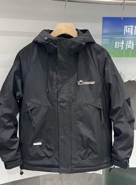 男士秋冬新款连帽二棉夹克v纯色上衣流行百搭青年工装休闲冲锋衣