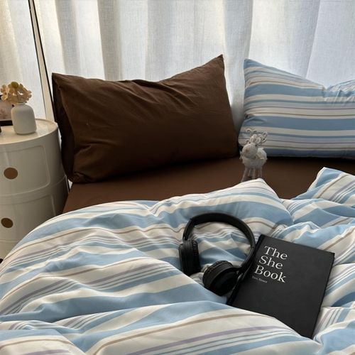 简约博主混搭风蓝条纹水洗棉床上四件套床单纯色深咖被套三件套2m