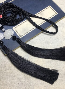 手工古典复古汉服中国民风腰佩汉服腰间配饰白玉莲花腰带黑色宫绦
