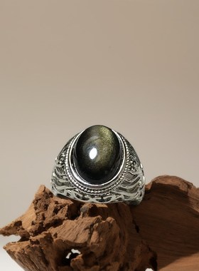 天然金蛋面曜石男款戒指