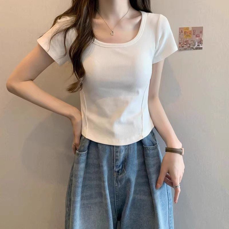 2025春夏新款辣妈外出哺乳短袖正肩纯棉T恤修身显瘦产后喂奶上衣