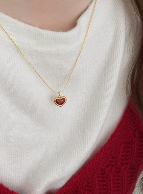 极简风酒红色滴釉爱心耳钉女时尚百搭锁骨链2024新款卫衣链毛衣链