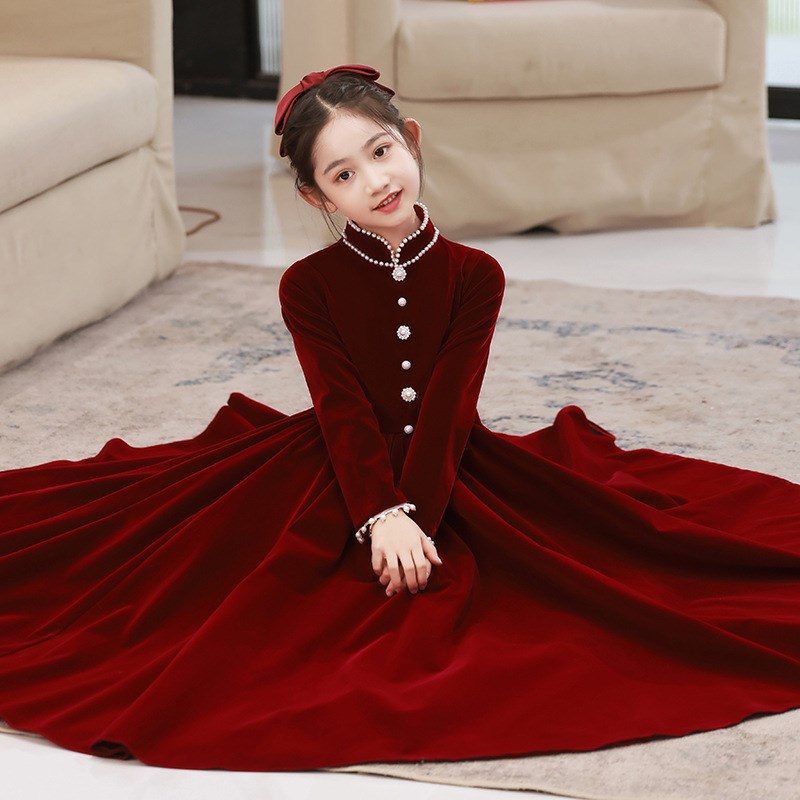 2023秋季新款中式儿童丝绒礼服女童立领长袖P主持人钢琴演奏连衣