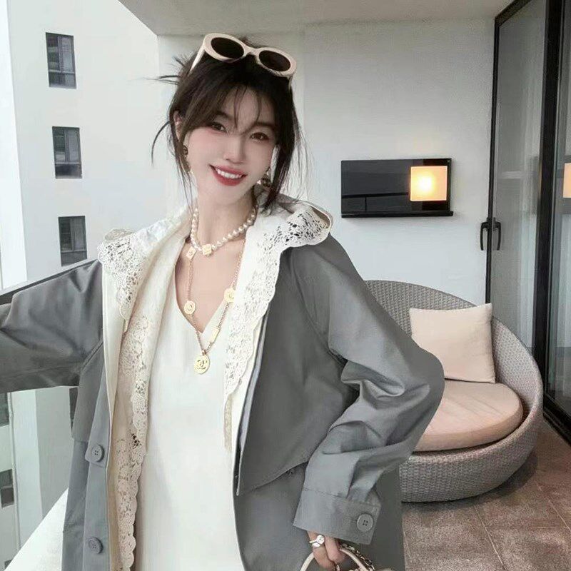 【现货】拼色蕾丝假两件风衣外套短外套