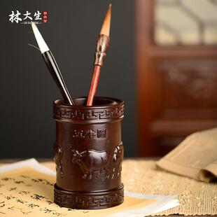 黑檀木雕五牛图笔筒工艺品办公室书桌家居客厅木质笔筒摆件送礼