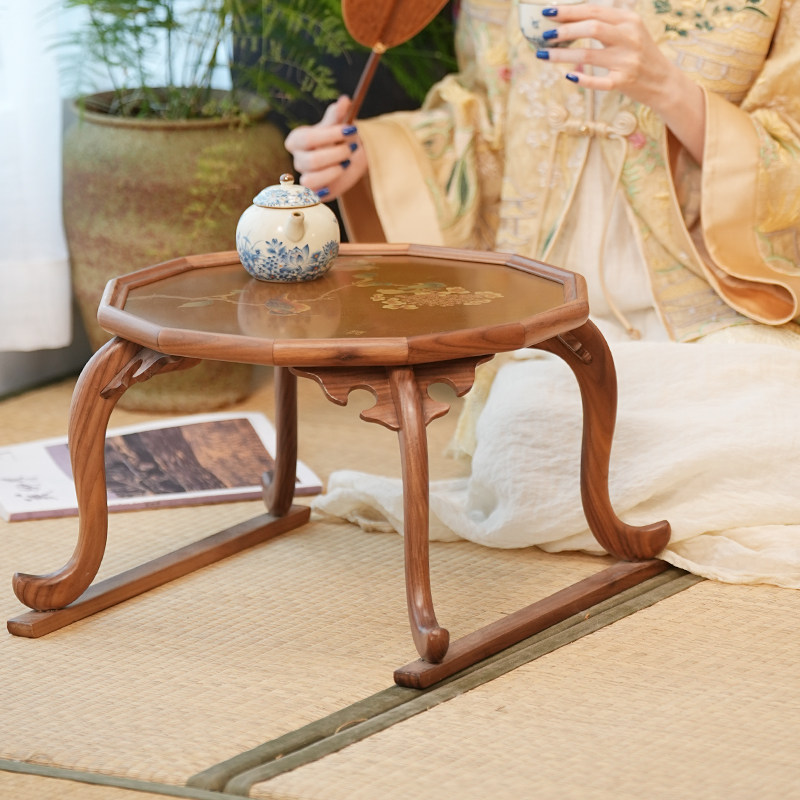 琼花翠鸟铜彩烧色飘窗几胡桃木茶台榻榻米虎足茶桌禅意复古小茶几