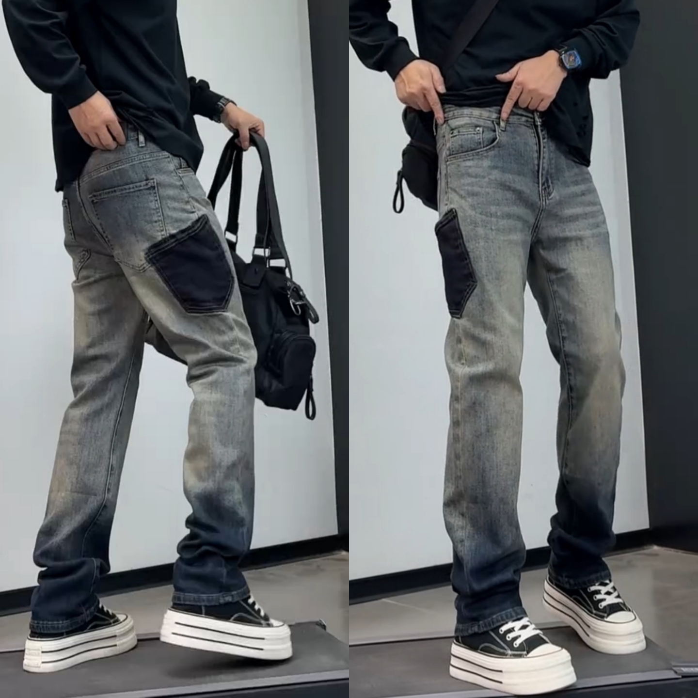 春季美式复古做旧直筒牛仔裤男个性口袋设计渐变水洗潮牌休闲长裤