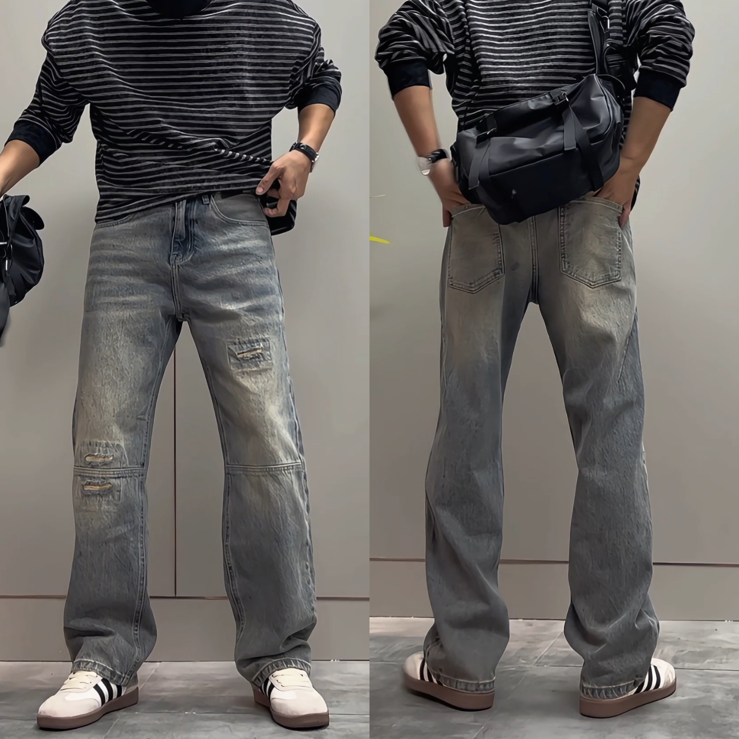 春季新款男士潮牌痞帅街头休闲裤个性时尚破洞做旧拼接直筒牛仔裤
