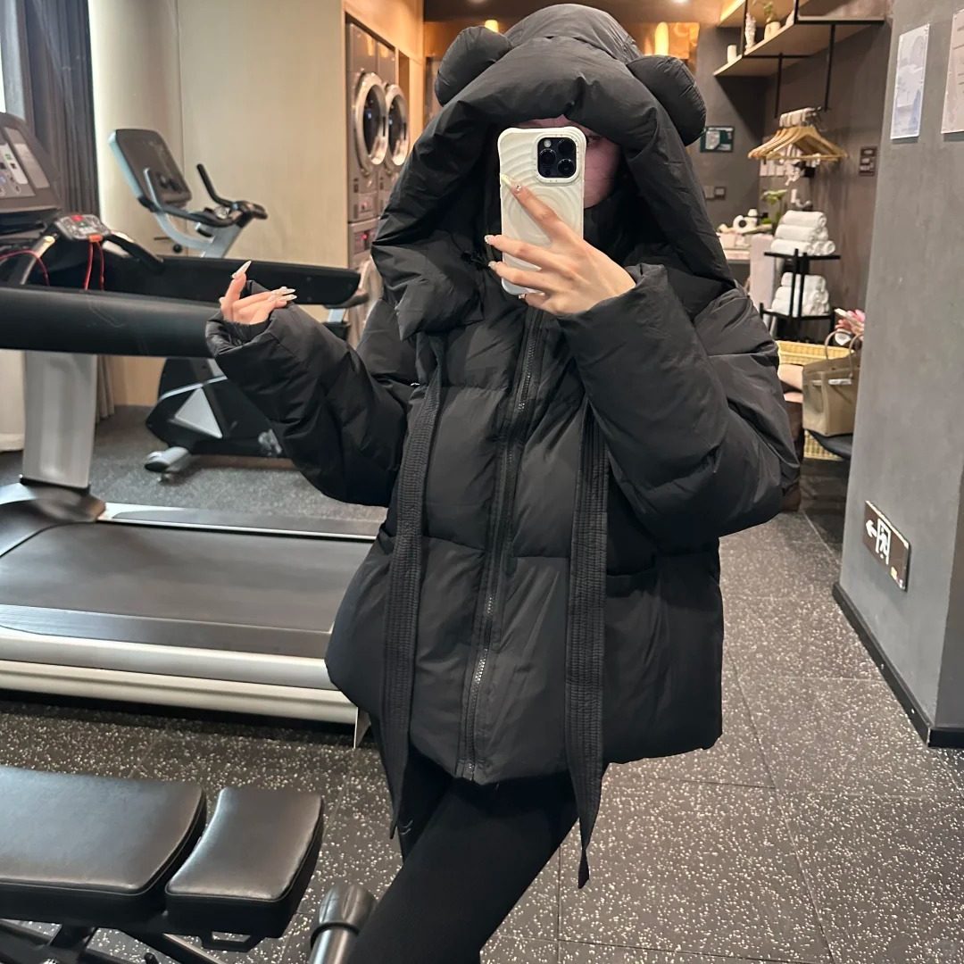 爆款拼接连帽ins小熊耳朵设计洋气新款秋冬学生加厚保暖棉服外套