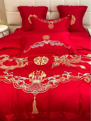 新床中式结四件套大红色IBW全用纯棉单被套龙凤刺绣婚喜被婚庆床