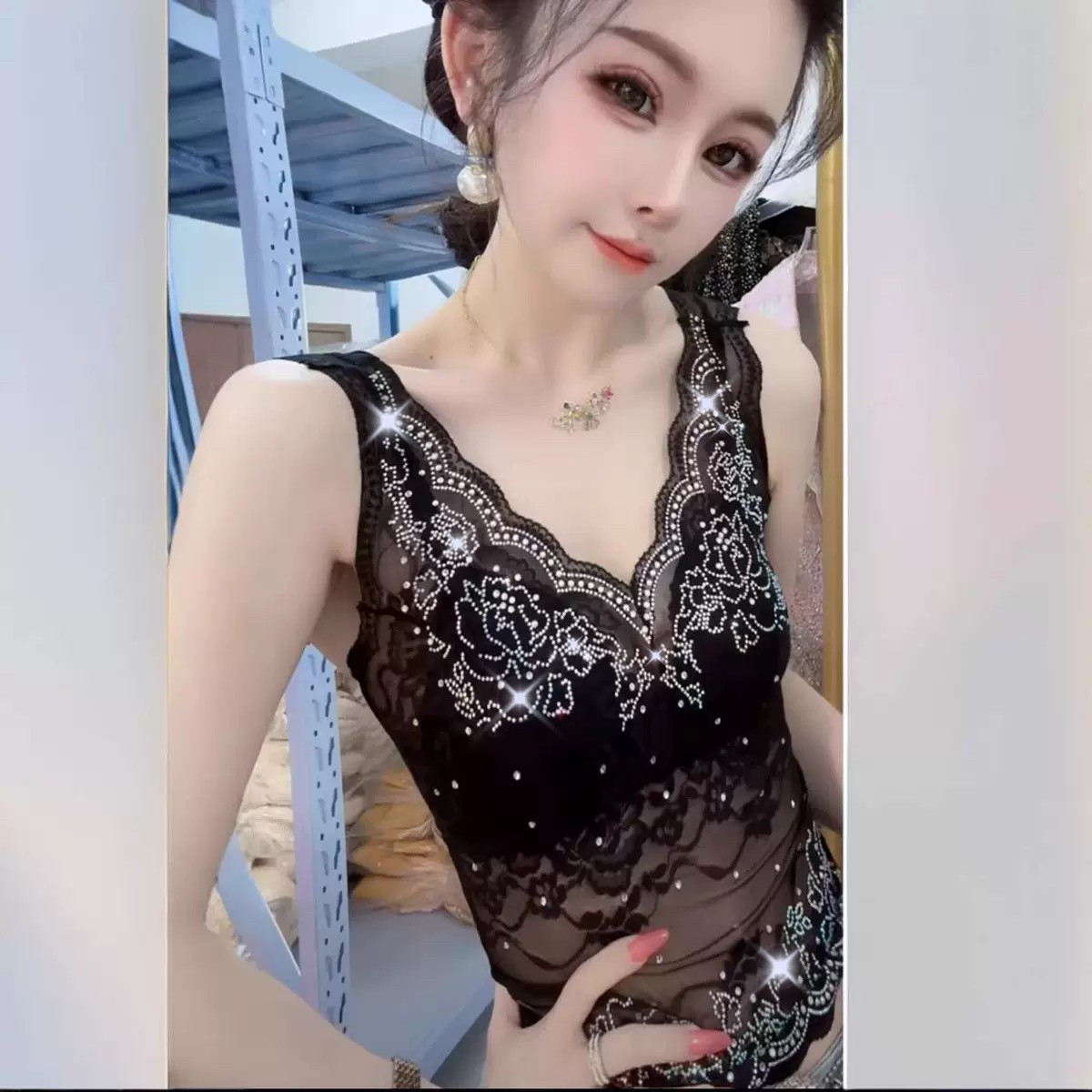 夏季亮闪满钻美背洋气纯欲蕾丝性感胸垫聚拢内衣气质轻奢外穿吊带