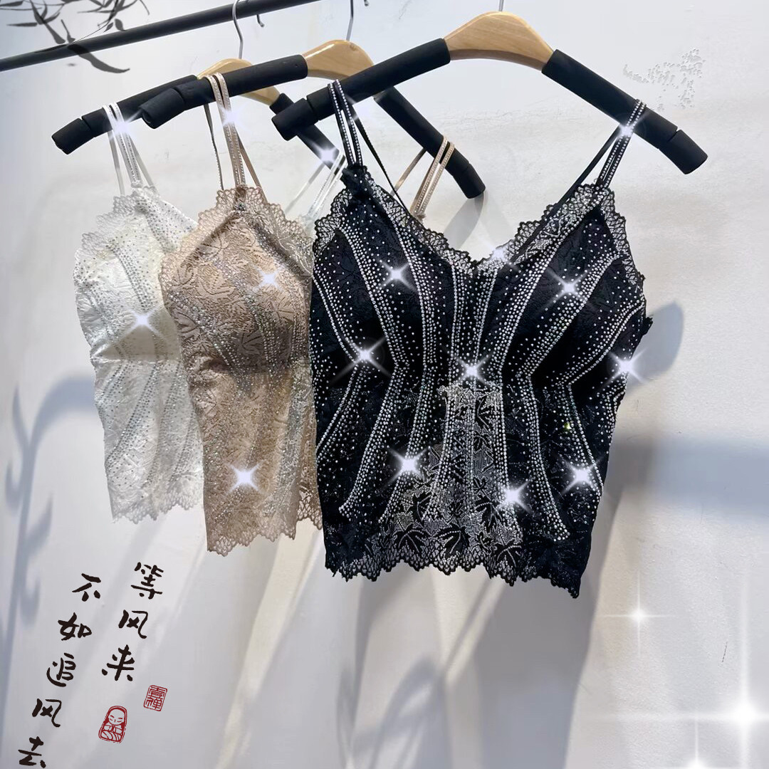 亮钻蕾丝露背美背性感纯欲细带带胸垫女打底外穿上衣时尚潮流吊带