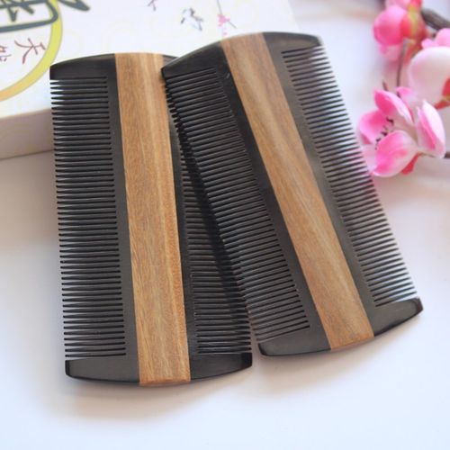 厂家直销精品去屑除尘梳 密齿绿檀木梳子 拼牛角胡子梳子