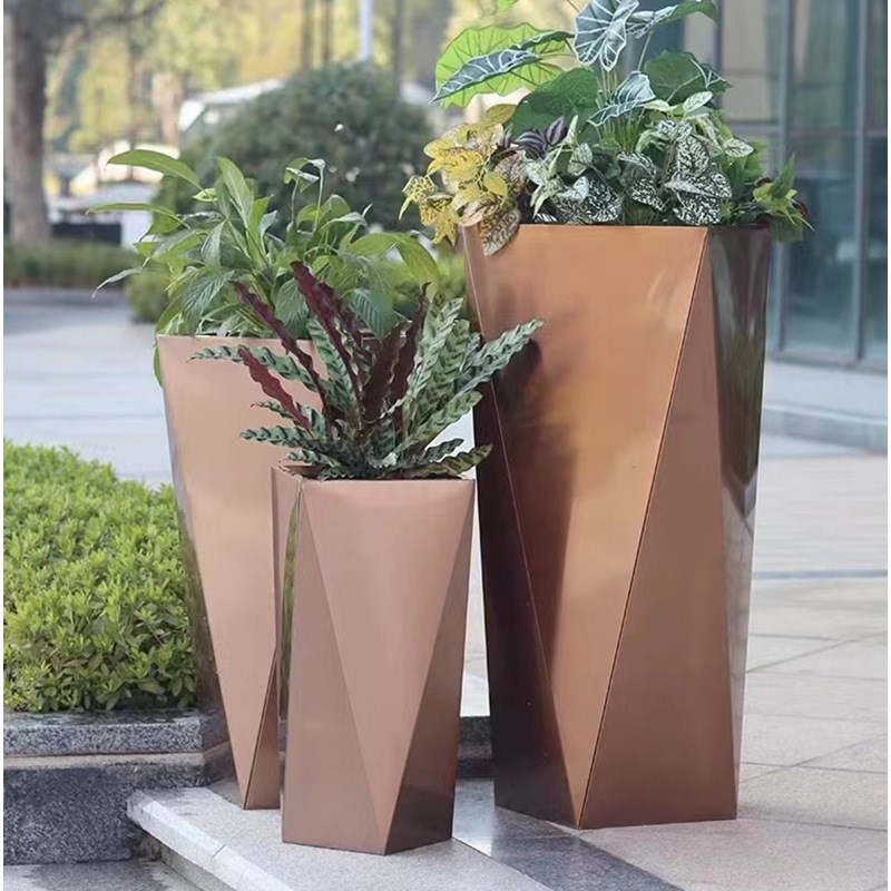 户外不锈钢花箱铁艺花架长方形花坛室外花盆圆形花钵可移动种植槽