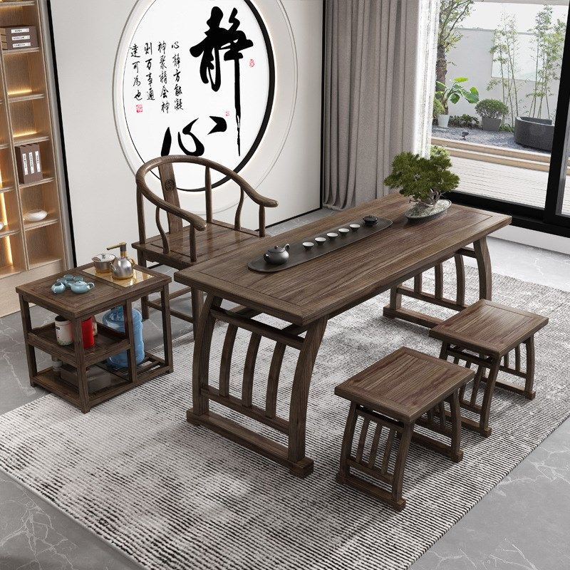 实木儿童毛笔书法桌书画桌中式仿古榆木简约国学桌马鞍桌茶桌椅台