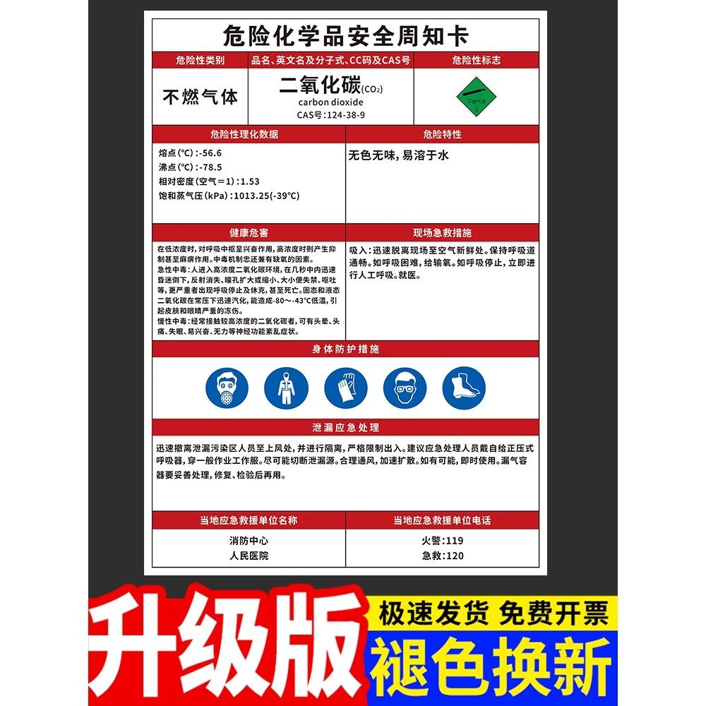 二氧化碳危险化学品安全周知卡职业病危害告知牌易燃易爆腐蚀中毒