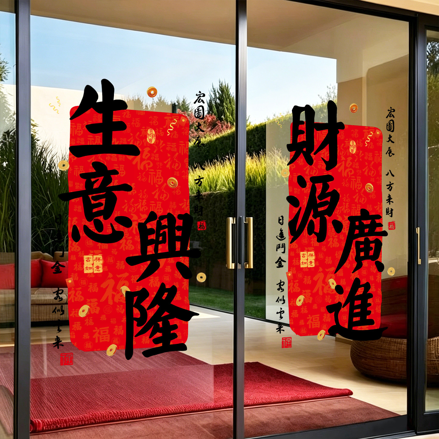 生意兴隆财源广进书法对联店铺玻璃门窗装饰贴纸开业新年春节布置