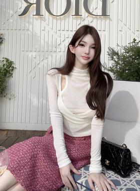 bewithRosey【香榭假日】特别玫粉粗花呢甜美优雅开叉半身一步裙