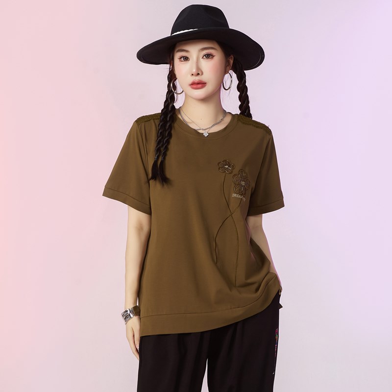 特大码女装200斤胖妹妹夏装刺绣时尚上衣胖mm宽松显瘦短袖T恤衫