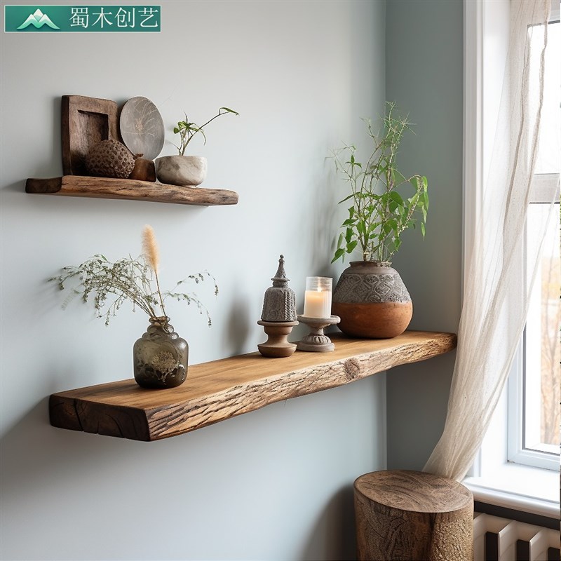 复古纯原实木角落一字搁板壁挂墙收纳架层板墙上置物架宽原隔层板