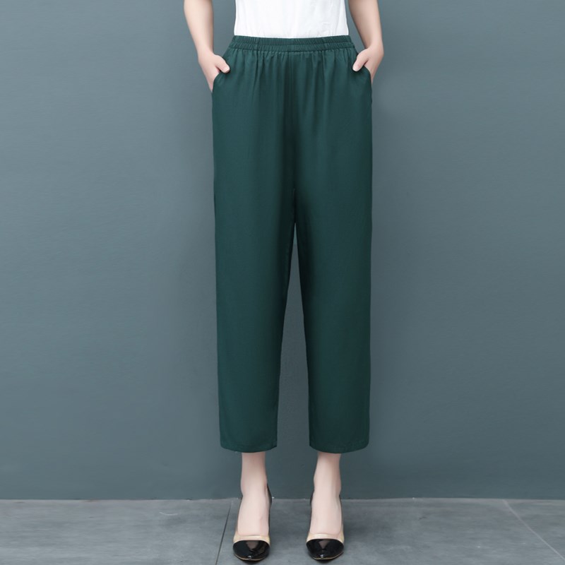 棉绸八分裤女夏季薄款小个子妈妈装纯色高腰遮肉直筒宽松8分裤子
