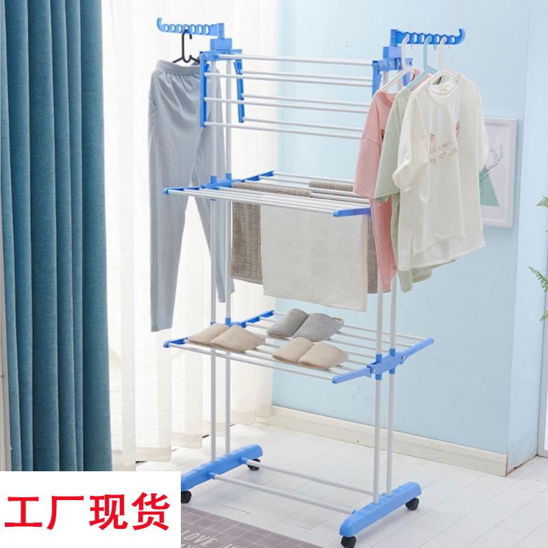 衣架落地晾折叠架毛巾晒阳台移动多功能三层室内不锈钢可伸缩晾晒