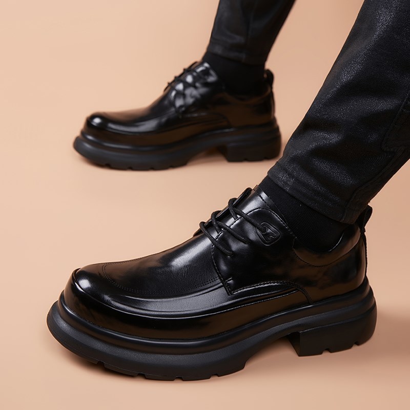 厚底德比鞋商务风纯色休闲皮鞋商务正装系带素面英伦增高男士皮鞋