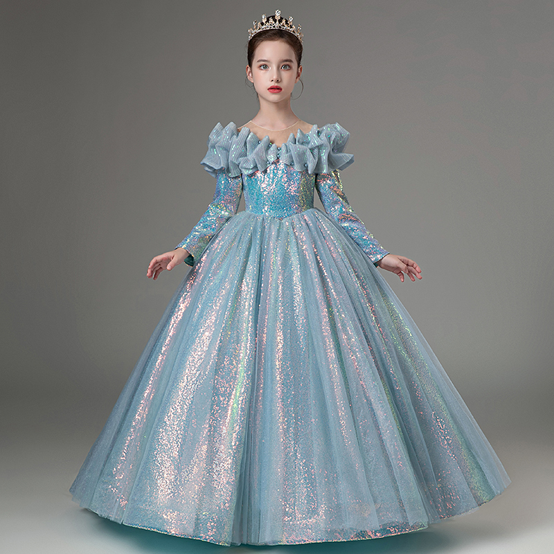 儿童礼服公主裙生日秋冬闪亮钢琴演出服走秀女童小主持人服装长袖