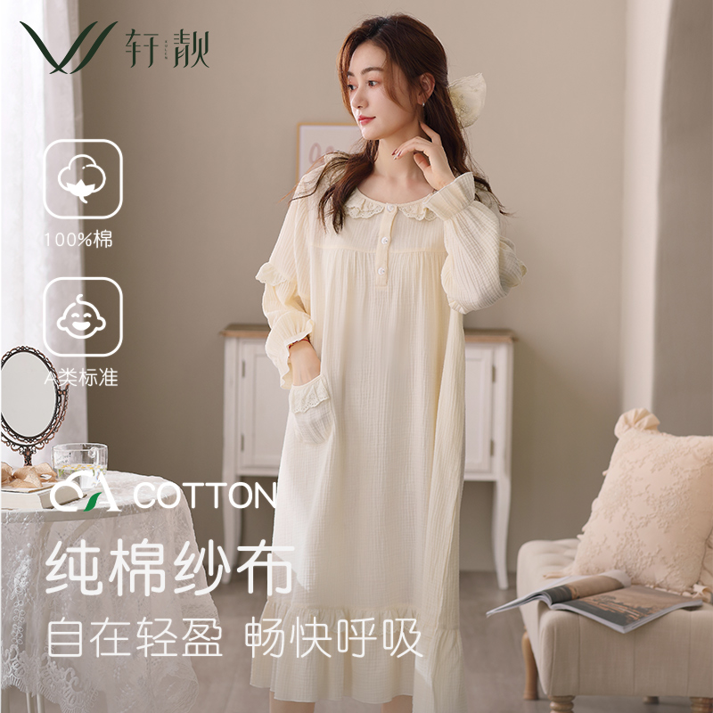 梭织棉纱布睡裙女纯棉春秋季秋天薄款长袖睡衣全棉长款少女连衣裙