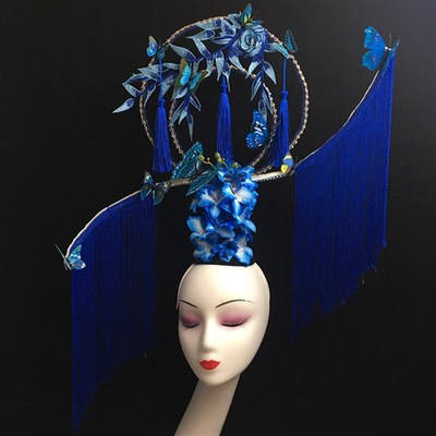手作蓝色扇子流苏夸张头饰舞台演出模特走秀彩妆造型个创性意发饰