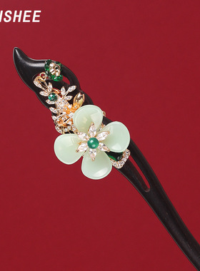 绿色花朵发簪黑檀木新中式古风簪子女汉服古装头饰夏盘发日常简约
