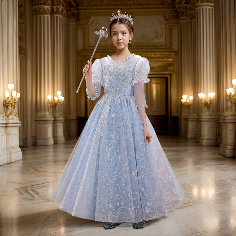女童礼服轻奢绑带蓝色花童蓬蓬纱公主裙女孩主持人钢琴演出服