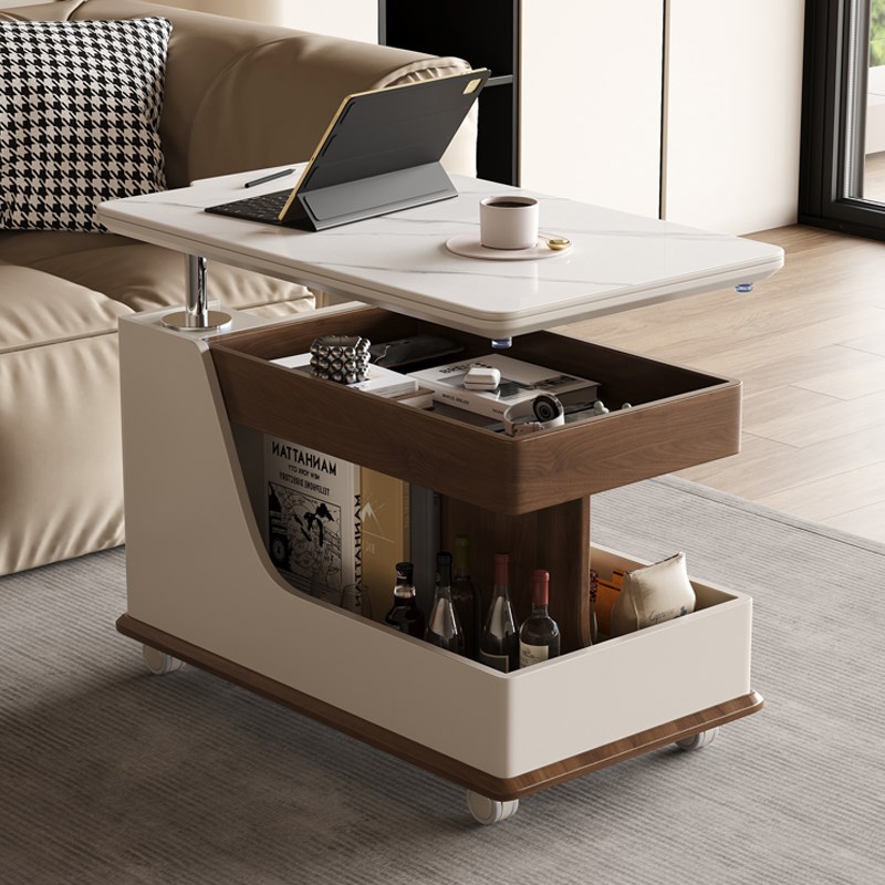新款岩板茶几多功能可移动茶台法式复古客厅沙发可升降边几小推车