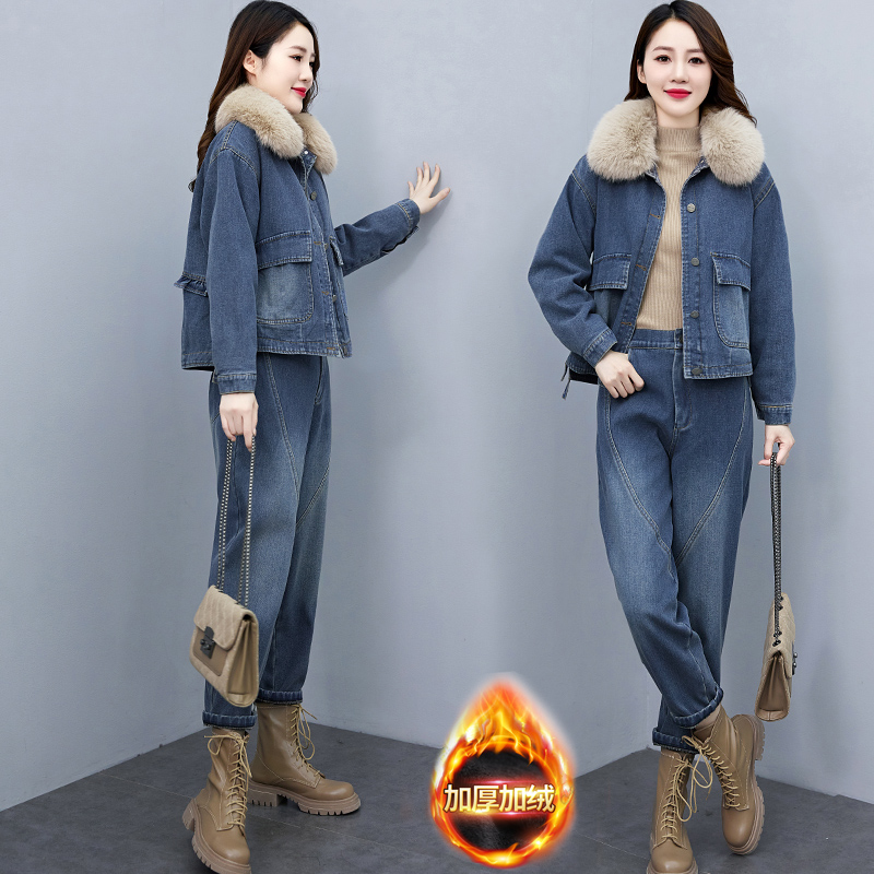 欧货牛仔套装女加绒加厚2023冬季新F款休闲时尚工装卫衣棉服两件