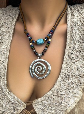 可调节螺旋吊坠蜡绳项链女 复古个性小众设计文艺范锁骨链潮人