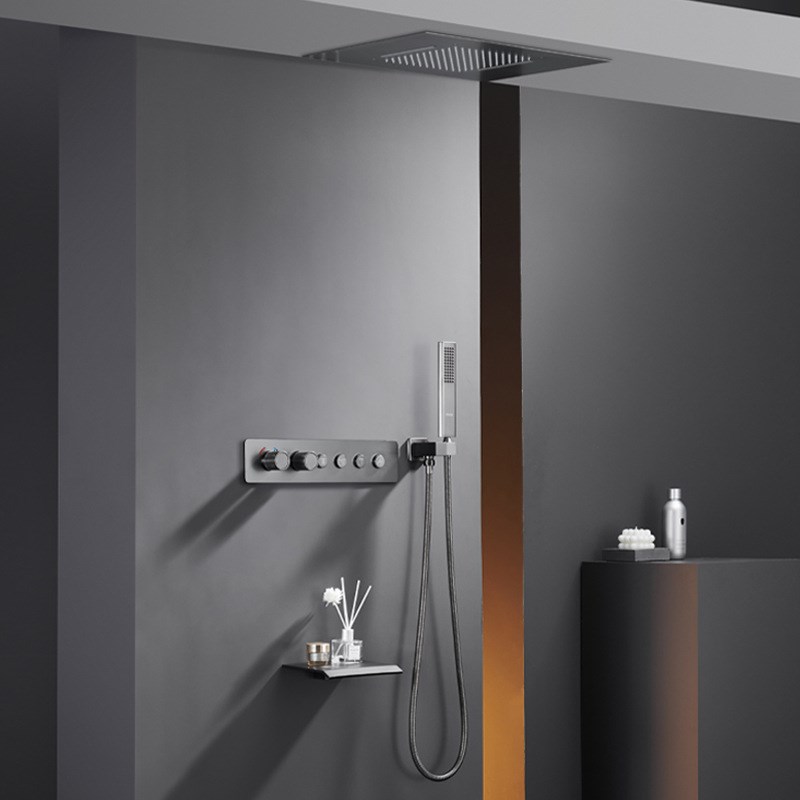 嵌入式全铜枪灰色智能恒温天幕式瀑布雨淋花洒套装暗藏花洒吸顶式