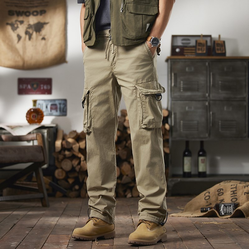夏季薄款直筒工装裤男户外多口袋宽松大码纯棉美式休闲长裤伞兵裤