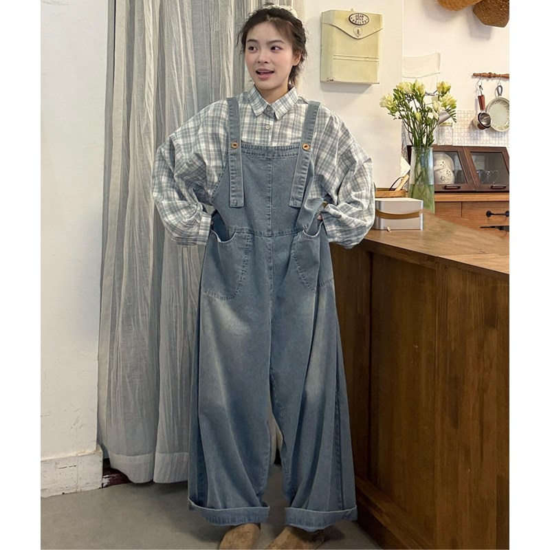 大码女装2025早春胖mm复古宽松格子衬衣+牛仔背带裤休闲减龄套装