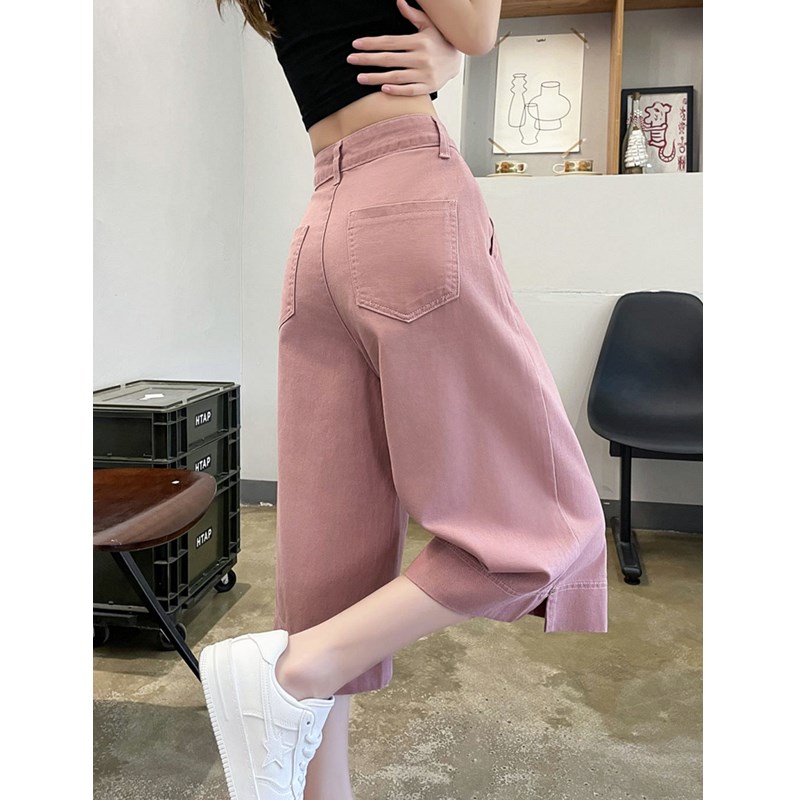 粉色六分牛仔短裤女春秋冬季2024新款七分直筒阔腿高腰显瘦5分裤