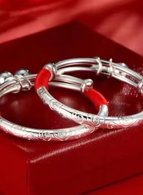 宝宝银手镯婴儿9999纯银男女儿童祥云铃铛推拉银镯子满月周岁礼物