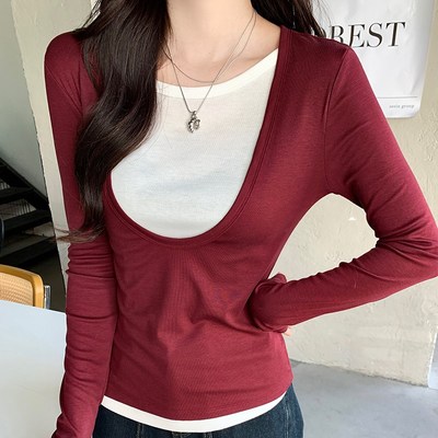 红色v领长袖t恤女秋季设计感x小众撞色拼接假两件上衣女打底衫内