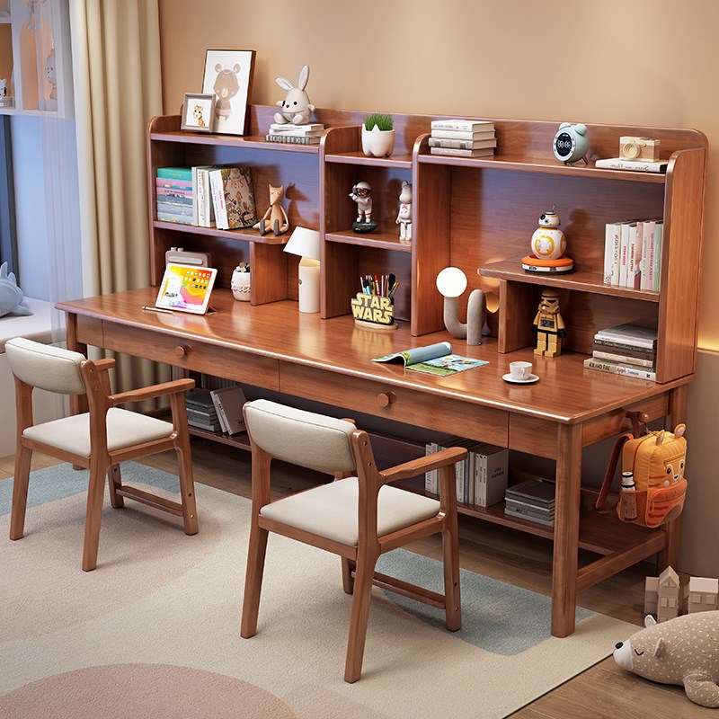 实木双人儿童学习桌书桌书架一体家用学生写字桌卧室电脑办公桌椅