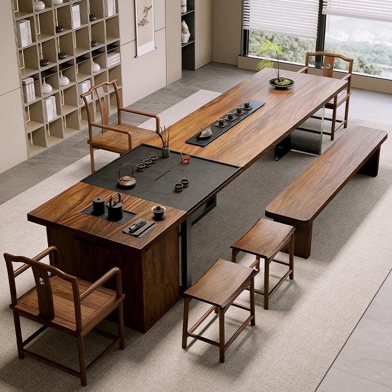 南美胡桃木茶桌椅组合原木大板实木茶桌办公室接待泡茶简约新中式