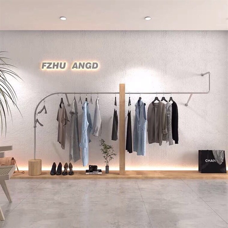 服装店展示架上墙壁挂式不锈钢原木色挂衣服架子女装专用陈列货架