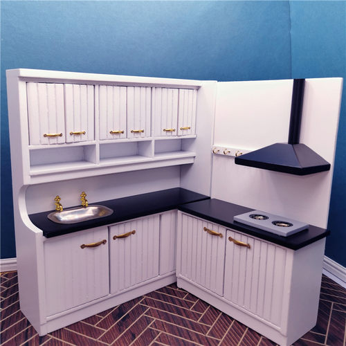 1:12娃娃屋微缩家具模型配件简约白色木制厨房场景橱柜料理台摆件