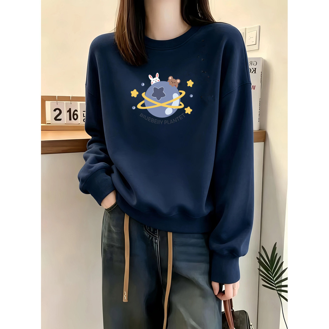 100%纯棉即墨圆领卫衣女加绒加厚上衣秋冬流行爆款女装保暖外套潮